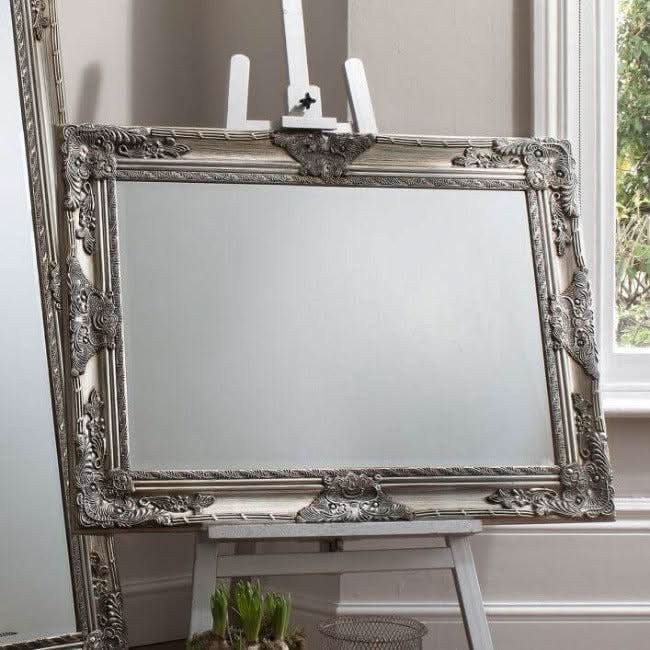 Antique Silver Hampshire Mirror-Small with Baroque style, hand-applied silver leaf, perfect for foyer or bathroom décor.